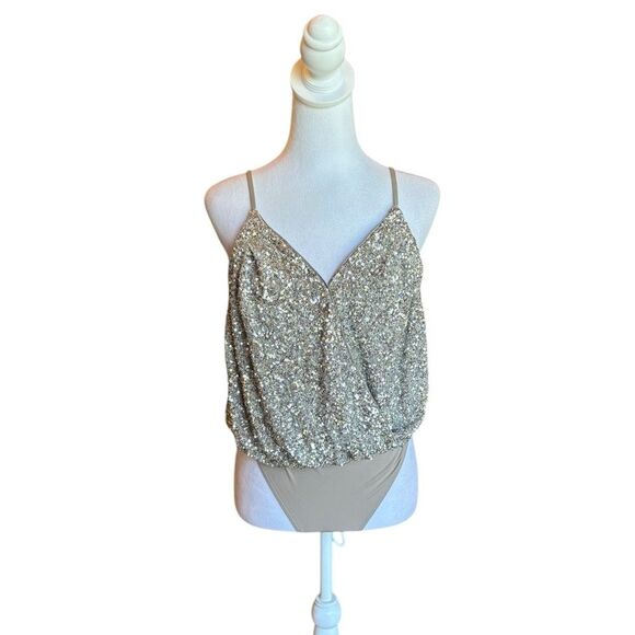 Express Silver Gold Sequin Bodysuit Fuax Wrap Adjustable Straps Womens Small NWT - Picture 1 of 14